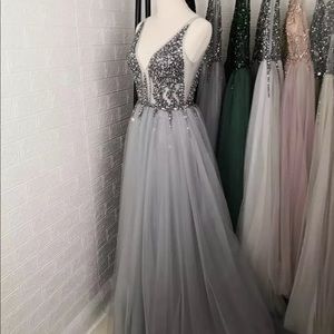 Sequin dress mesh evening prom party split long